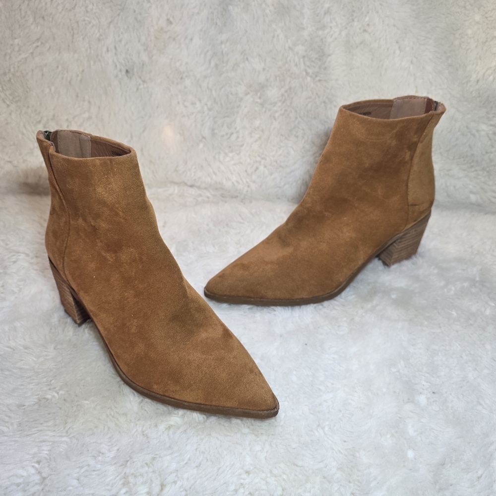 โBeast Fashion Tan Suede Pointed Toe Ankle Booties Block Heel Size 7 Western Boh